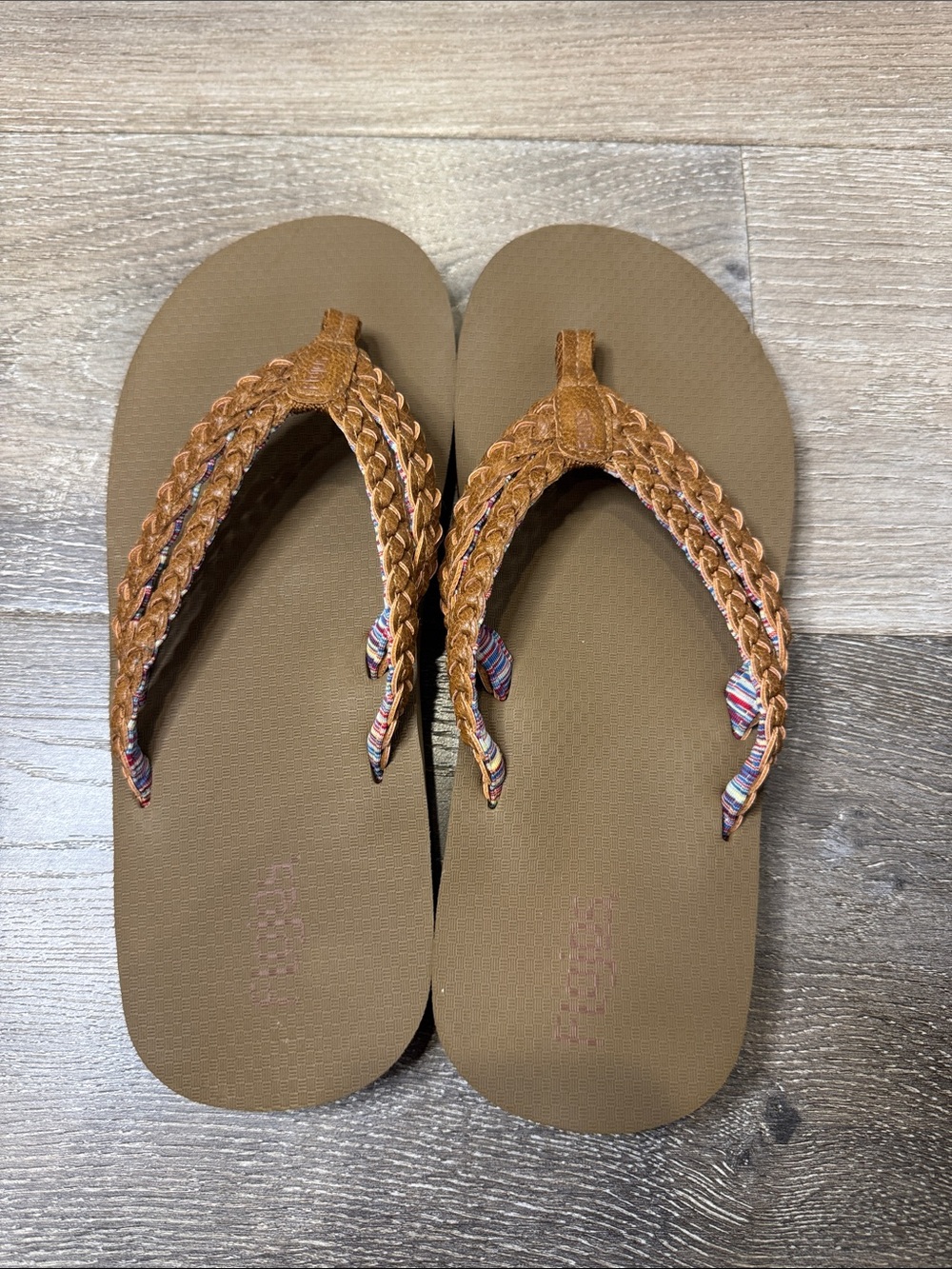 Flojos Braided Tan and Multicolor Strap Women's Flip Flops MK